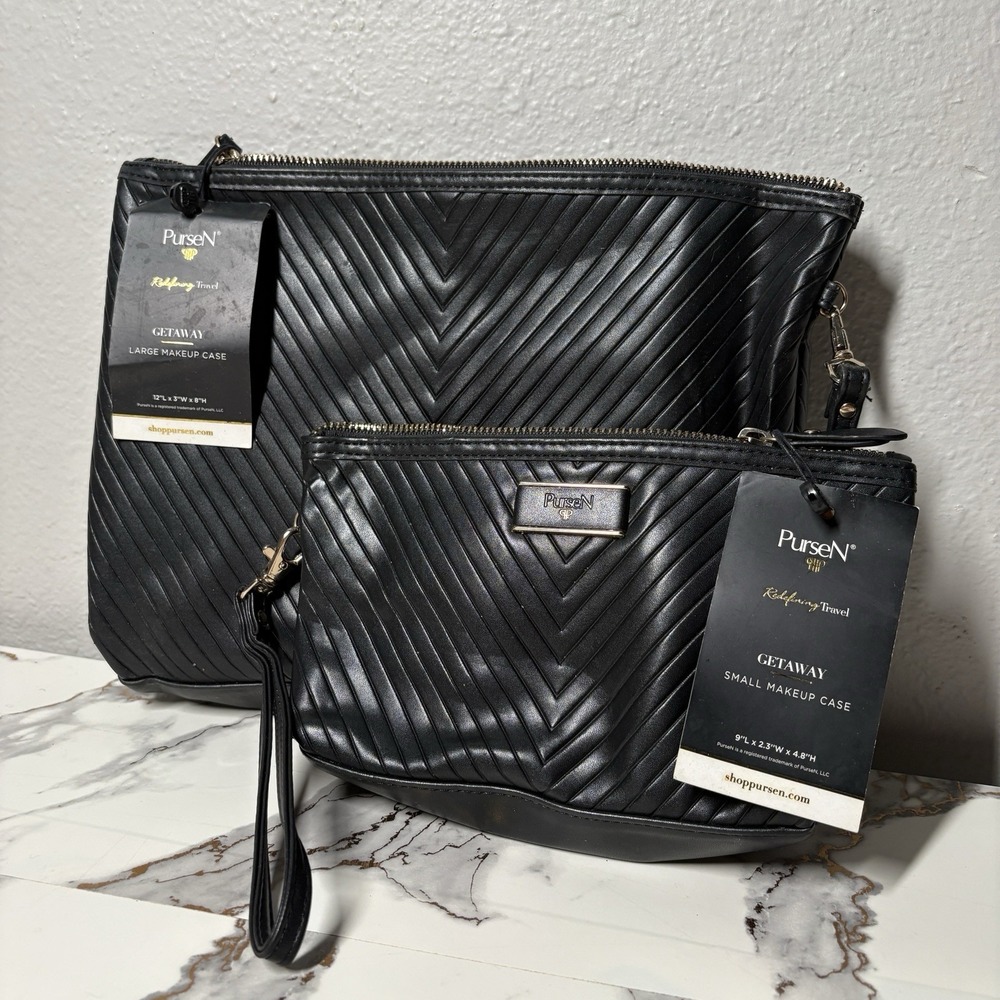 PurseN Getaway Makeup Case Set Black Quilted Large Small NWT Mirror Travel